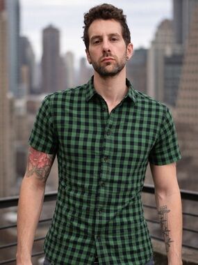 Topman Green and Black Checked Short Sleeve Button-Down Shirt